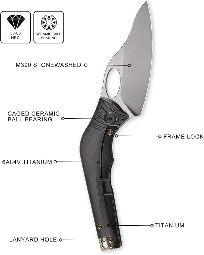 Knife Amuse-C04 Thumb Hole Knife,3.85" M390 Steel Blade Stonewashed,6AL4V Titanium Handle,Frame Lock Folding Knife,Titanium Pocket Clip(Bronze)