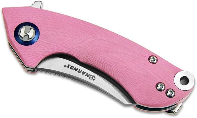 Harnds Ballet Folding Knife with Sandvik 14C28N Blade Camping Pocket Knife with Deep Carry Pocket Clip G10 Handle Flipper Open Liner Lock EDC (pink)