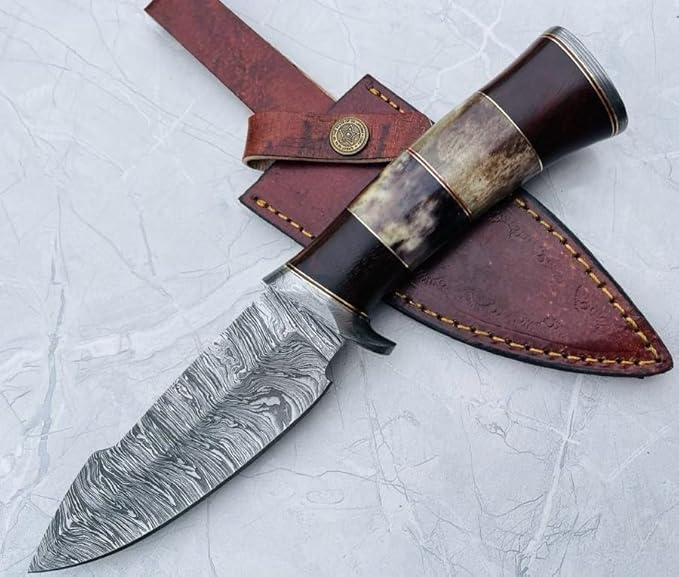 Damascus Steel Hunting Knife Fixed Blade for Camping, Survival- Premium Outdoor Gear for Versatile Use - Razor Sharp Edge with Bone and Rose Wood
