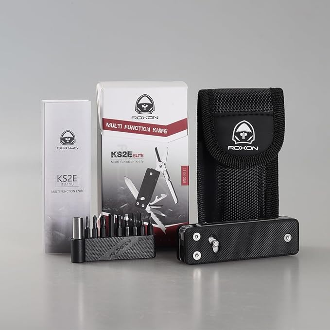 ROXON KS2 Elite D2 Blade 13 in 1 Mini Multi Tool function pocket knife with big scissor, G10 handle and Pocket clip, good for Camping/Backpacking/Emergencies/EDC Multitool (D2 Steel Blade)