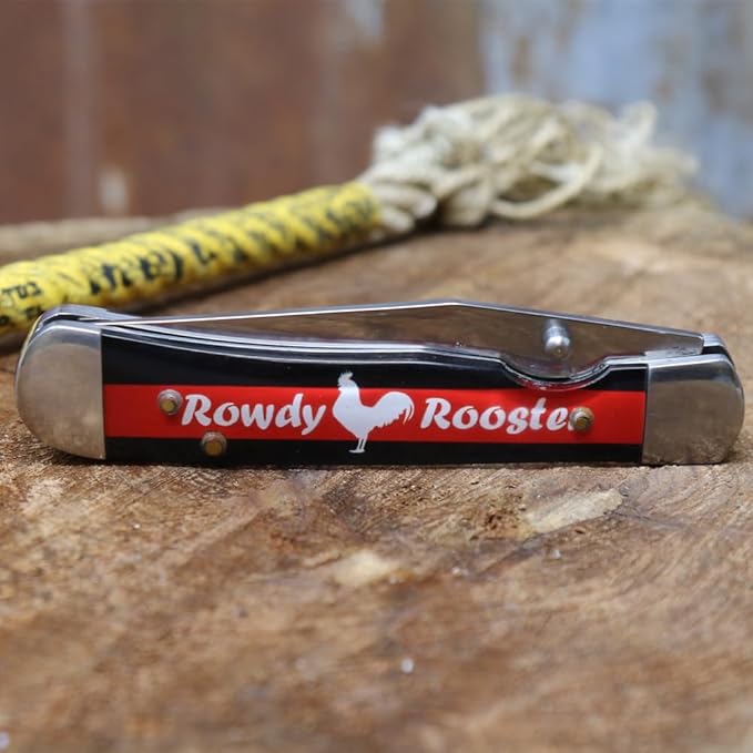 WHISKEY BENT HAT CO. Locking Trapper Folding Pocket Knife 4.125" Closed Length 440C Stainless Steel Blades (Rowdy Rooster - Serrated)