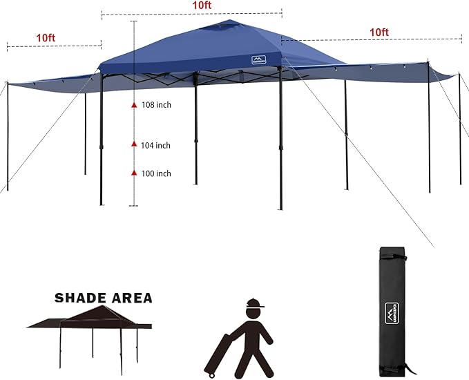 KAMPKEEPER 10x10 pop up Canopy Tent with 2 sidewalls Silver-Coated,Outdoor Canopy Tent for Parties with 2 Shelters,with 4 Poles, 4 Sandbags,8 Ropes,12 Stakes,and 1 Roller Bags