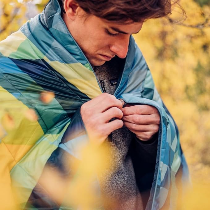 Rumpl Original Puffy Blanket - Warm Puffy Camping Blanket, 100% Recycled Polyester Insulation, Lightweight, Packable, Water-Resistant, Outdoor Puffer Blanket, 52"x75", Rainbow Fade