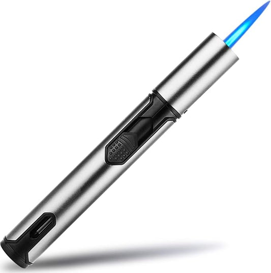 Anrapley Butane Torch Lighter, 6.0in Long Candle Lighter with Fuel Level Window, Windproof Pen Lighter Adjustable Jet Flame for Grill Kitchen Fireplace Camping BBQ, Silver(Gas not Included)