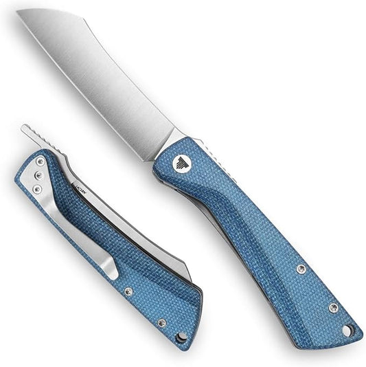Modern Japanese Pocke Folding Knife with Clip,3.3'' 14C28N Steel Blade,Blue Micarta Handle,Front Flipper Higonokami EDC Knives for Men,Norma-04L