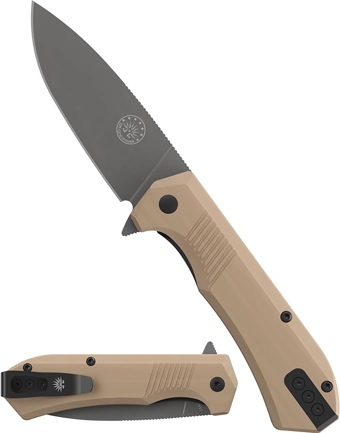 Off-Grid Knives - Stinger EDC Folding Knife with Drop Point Blade, Full Flat Grind, Crucible 154CM Steel, G10 Scales, Deep Carry Clip, Everyday Carry (Coyote)
