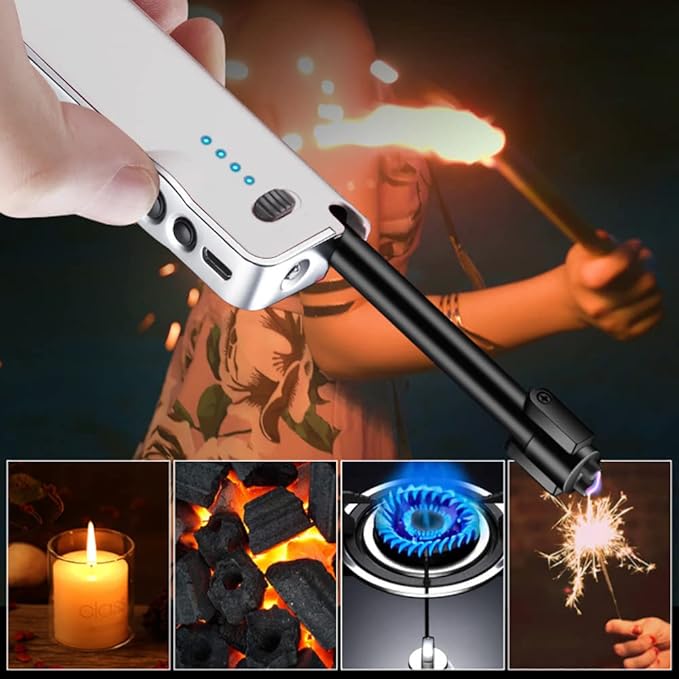 YOZWOO Candle Lighter Electric Lighter Rechargeable Lighter Plasma Lighter Electric Arc lighters Long No Gas Lighter Windproof Flameless Lighter with LED Flashlight for Camping, BBQ, Firework (White)