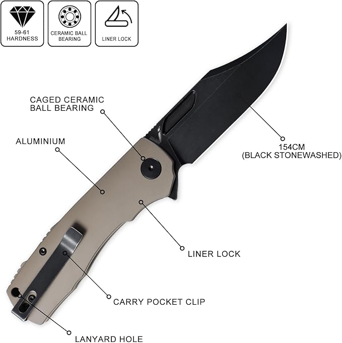 Petrified fish PFP03 Victor,3.58" 154CM Steel Black Stonewashed Blade,4.8oz Aluminium Handle Flipper Liner lock Folding knife (Green - A Stonewashed)