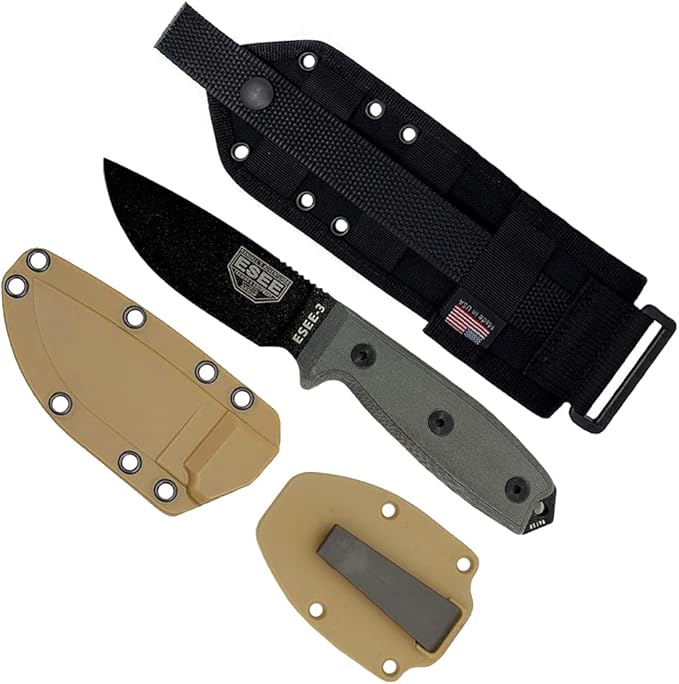 ESEE Knives 3P-MB Fixed Blade Knife w/Molded Polymer Sheath & MOLLE Back (Black Blade/Coyote Brown Sheath/MOLLE Back)