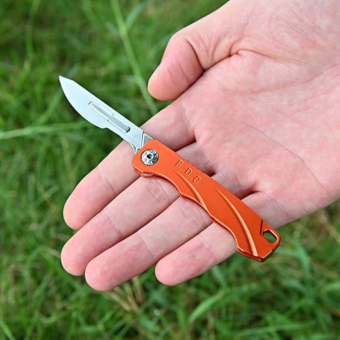 Mini EDC Pocket Knife,Aluminium Alloy Handle Carbon Steel Blade Folding Knife with 10 Extra Replaceable Blades,Portable Lightweight and Compact (Orange)