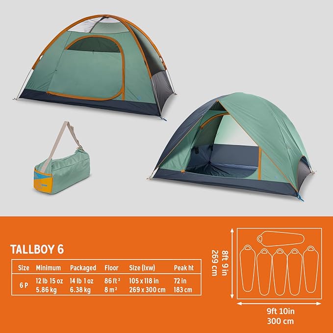 Kelty Tallboy Family Car Camping Tent, 4 or 6 Person Freestanding Shelter, Large Capacity, Stuff Sack Included. 2022
