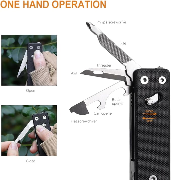 ROXON KS2 Elite D2 Blade 13 in 1 Mini Multi Tool function pocket knife with big scissor, G10 handle and Pocket clip, good for Camping/Backpacking/Emergencies/EDC Multitool (D2 Steel Blade)