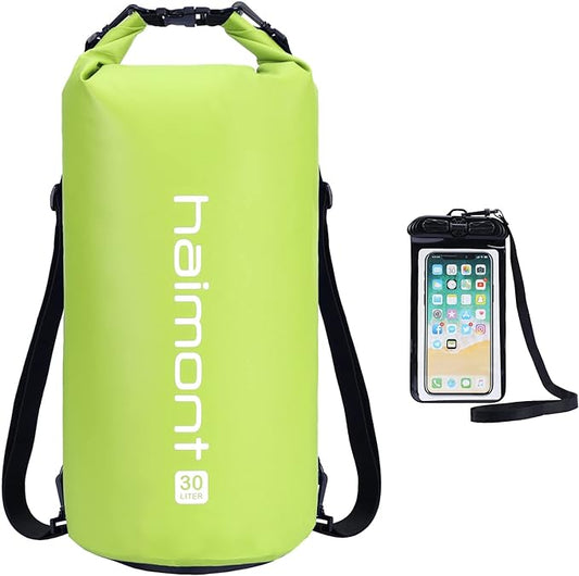 Haimont Waterproof Dry Bag Floating Dry Sack Roll Top Drybag Backpack for Kayaking, Rafting, Boating, SUP, Fishing with IPX8 Waterproof Phone Case, Love Bird Green, 30L