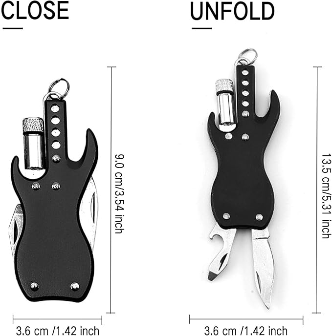 Mini Guitar-Shaped Multitool,3-in-1 Keychain Knife with Bottle Opener and Mini Flashlight,Gift for Men & Women,Set of 2