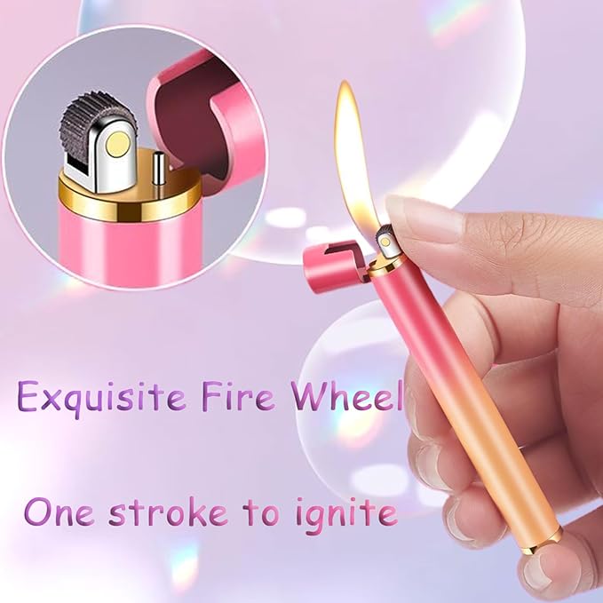 Unique & Cute Pink Gradient Strip Butane Lighter, Creative Wheel Lighter, Inflatable & Adjustable, Suitable for Fireplace Candles Camping Barbecue, Ladies Gift (No Gas) (Yellow Green)
