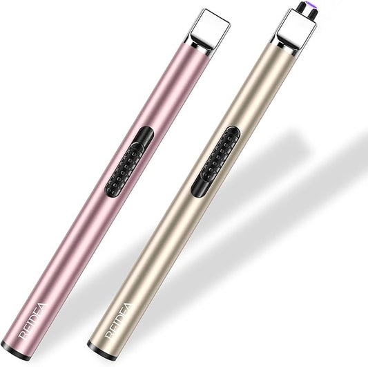 REIDEA Lighter 2 Pack Electronic Candle Lighter Arc Windproof Flameless USB Rechargeable Lighter with Safe Button for Home Kitchen (Champagne and Rose Gold)