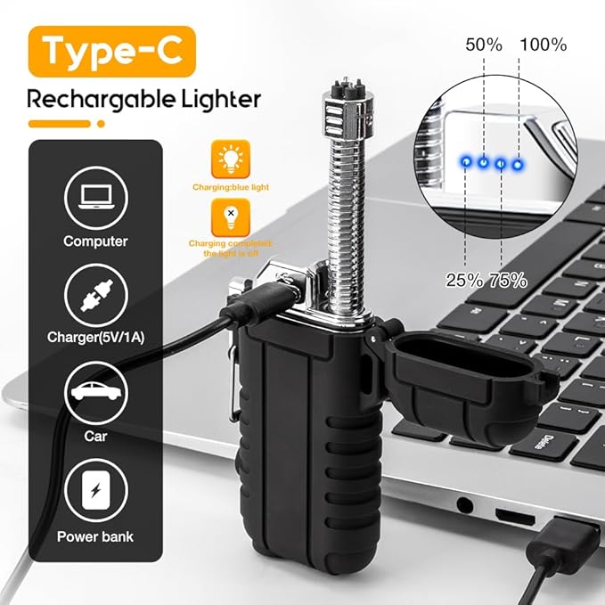 LcFun Electric Dual Arc Lighter USB Rechargeable, Windproof Plasma Lighters with LED Battery Indicator, Waterproof Flashlight Lighter with Whistle Lanyard for Camping, Survival Gear