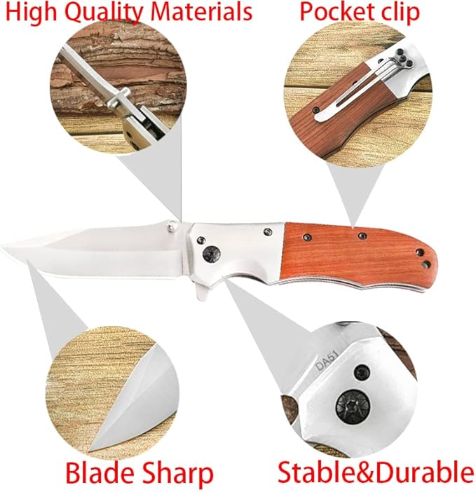 Pocket Folding Knife with 3.5”Stainless Steel blade and wood handle -Folding hunting camping Knife with liner-lock and pocket clip
