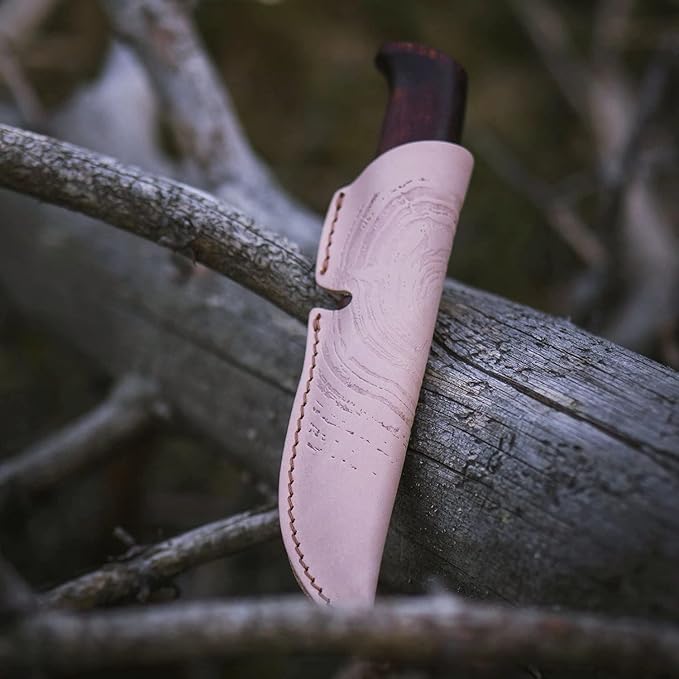 HELLE Knives - Gro- Fixed Blade Knife - Birch Wood Handle - Stick Tang- Camping, Hunting - 12C27 Stainless Steel - Leather Sheath - Made in Norway