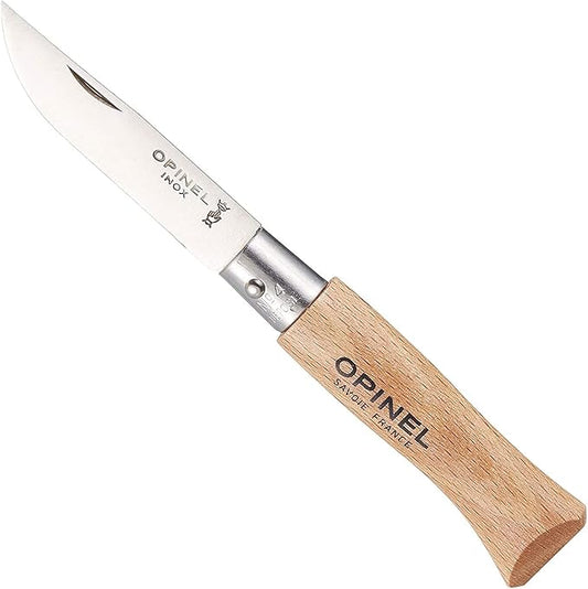 Opinel Stainless Steel INOX Folding Knife, Beechwood Handles, Smaller Sizes No.02 to No.05, Made in France (No.04)