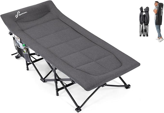 Sportneer Camping Cots for Adults, Sleeping Cot with Cushion Max Load 450 LBS Heavy Duty Folding Camping Sleeping Cot with Padded for Camping Tent Office Sleep Over (Grey, 73" Lx27 Wx14.5 H)