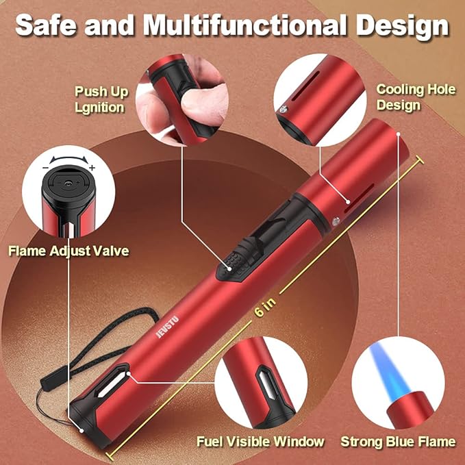 Butane Torch Lighter, 6-inch Refillable Pen Lighter Adjustable Jet Flame Butane Lighter for Grill BBQ Candle Camping (Gas Not Included) RED
