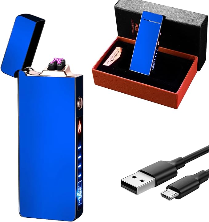 GADATOP Arc Lighter Rechargeable Windproof Flameless Electric Lighters for Outdoors Camping Hiking, Plasma Lighter with LED Battery Indicator and Gift Box (Blue)