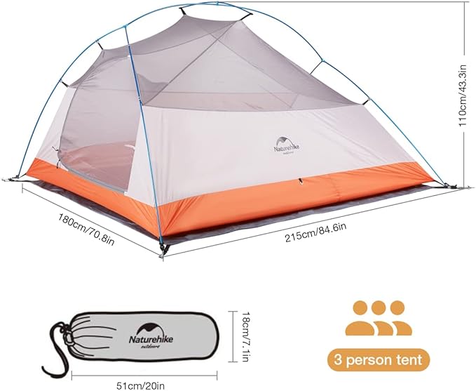 Naturehike Cloud-Up 3 Person Lightweight Backpacking Tent with Footprint - 3 Season Free Standing Dome Camping Hiking Waterproof Backpack Tents