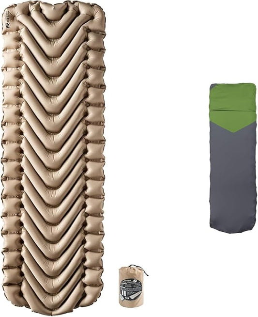 Klymit Insulated Static V Inflatable Camping Sleeping Pad and Static V Sheet Pad Cover Bundle, One Size, Coyote Sand