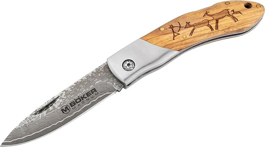 Boker Magnum 01RY818DAM Caveman Damascus Pocket Knife with 3 1/4 in. Damascus Steel Blade, Brown