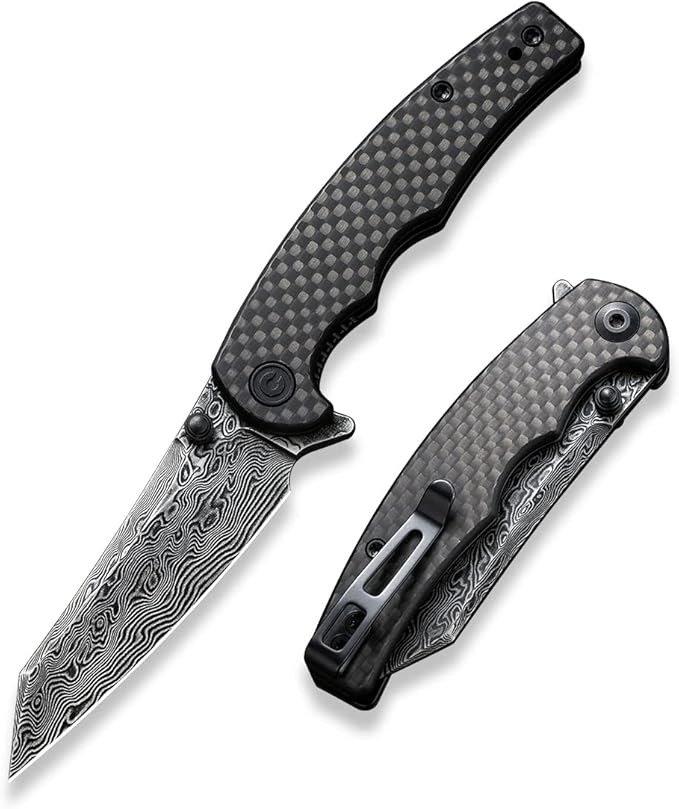 CIVIVI P87 Folder EDC Knife, Kaila Cumings Design 2.9" Damascus Blade Reverse Tanto, Twill Carbon Fiber G10 Handle with Thumb Stud Liner Lock Folding Pocket Knife for Everyday Carry (Black)