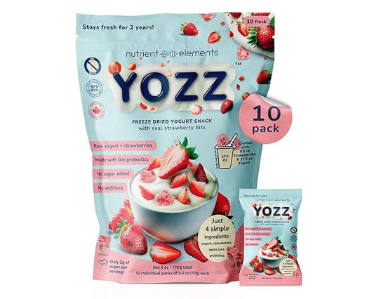 Yozz Freeze Dried Yogurt with Real Strawberry Bites - 10 Small Packs - Healthy Snacks with Probiotics, No Sugar Added For Adults, Babies, and Toddlers - Tastes Wow!