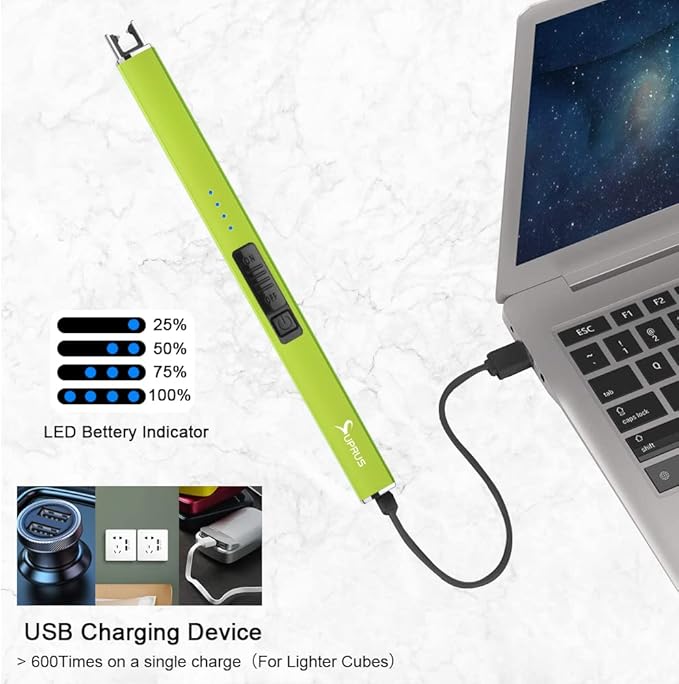 SUPRUS Fluorescent Lighter Glows in The Dark Electric Lighter Candle Lighter Rechargeable USB Arc lighters with Safety Lock Windproof Flameless Plasma for Candle BBQ Camping (Yellow)