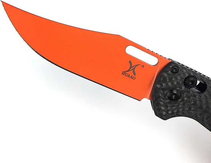 HUAAO Manual Open Folding Knife, Axis Lock Knife with 3.43’’ Orange D2 Blade Black Carbon Fiber Handle, EDC Pocket Knife with Clip for Camping Hunting