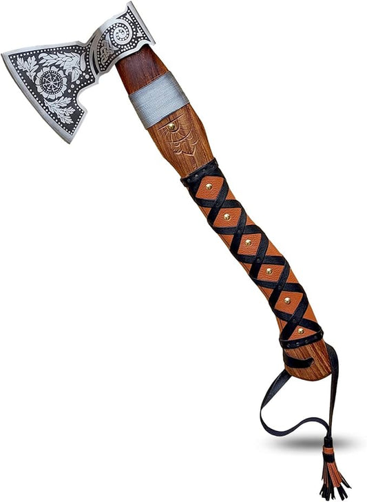 Handmade Forged Stainless Steel Viking Axe, Hatchet with Leather Sheath, Throwing Axe, Camping Axe, Solid Wood Handle Multiple Designs (Axe CK-8)