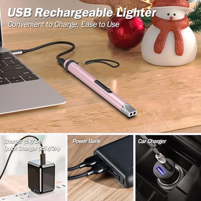 Candle Lighter, Electric Lighter Rechargeable USB Lighter, Arc Windproof Flameless Plasma Lighter Long Stick, No Butane Fluid, Perfect for Candle BBQ Camping Kitchen Stove, Pink and White