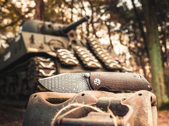 Böker Manukaftur Solingen M4 Sherman Damascus - Folding Collector's Pocket Knife Crafted from Recovered M4 Tank Materials, Made in Germany