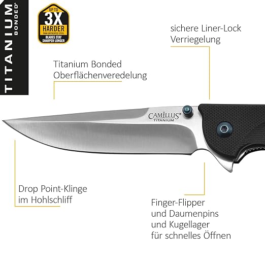 Camillus 19392 Keto Titanium Bonded 420 Stainless Steel Drop-Point Folding Knife with 3" Blade and Pocketclip, 8" Length