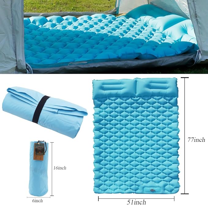 Sleeping Pad for Camping, Inflatable Sleeping Mat with Pillow, Camping Pad with Built-in Foot Pump, Lightweight Camping Mattress Pad for Car Camping, Backpacking, Tent and Hiking (Full (Teal))