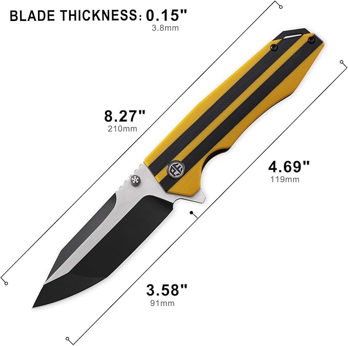 Petrified fish PFP08 Mocado Pocket Knife,3.58" K110 Steel Black Stonewashed Blade, 5.64oz G10 Handle Flipper Liner lock Folding knife (Yellow Black Stonewashed)