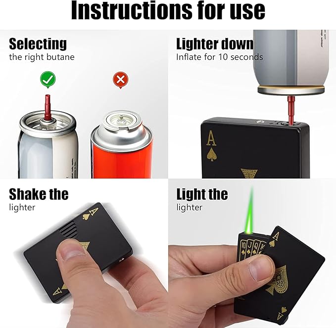 Jet Torch Lighter, Ace Card Green Flame Lighter, Metal Poker Design Windproof Refillable Butane Cool Lighter, Outdoor, Indoor, Camping, BBQ, Candle, Birthday, Gift for Men/Women (Without Gas)
