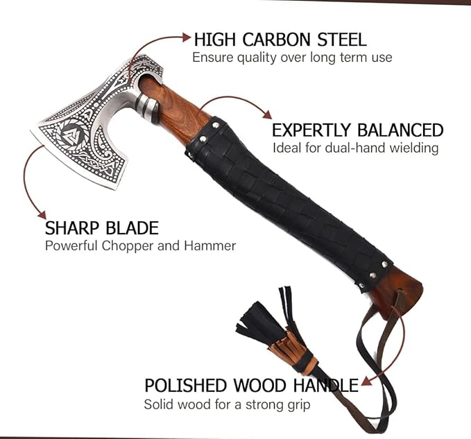 Bearded Axe Real Hatchet, Russian Valknut Wood Working Tool Viking Gift for Men for Outdoor Camping with Premium Leather Sheath (VH-01)