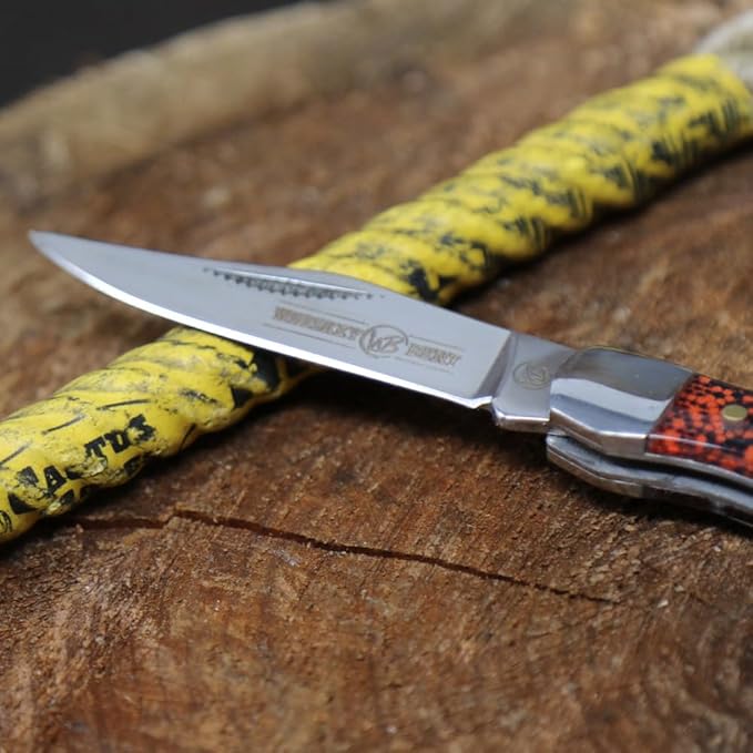 WHISKEY BENT HAT CO. Mini Hunter Folding Pocket Knife 2.75" Closed Length 440C Stainless Steel Blade (Orange Crush)
