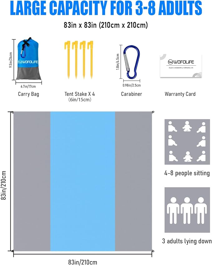 Beach Blanket Waterproof Sandproof, Picnic Blankets, Extra Large Beach Mat 83"x 83" for 2-8 Adults, Quick Drying, Lightweight Durable, Essentials for Outdoors, Travel, Beach Picnic, Hiking