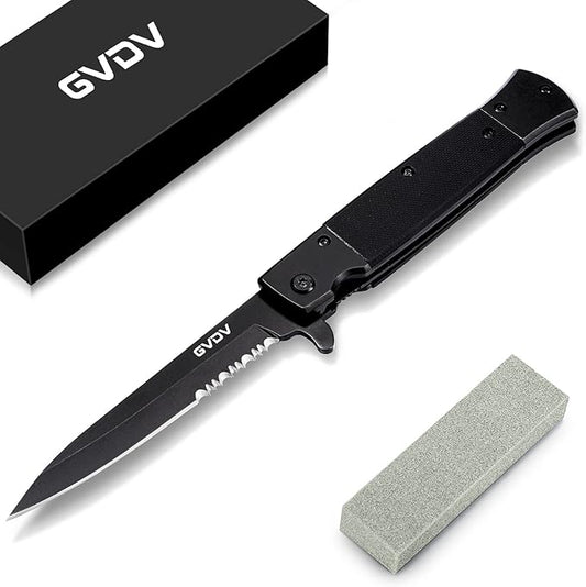 GVDV Folding Pocket Knife with G10 Handle, 7CR17 Stainless Steel EDC Knife with Safety Liner Lock, Hunting Camping Hiking Fishing Knife, Father's Day Gifts for Men Dad, Serrated
