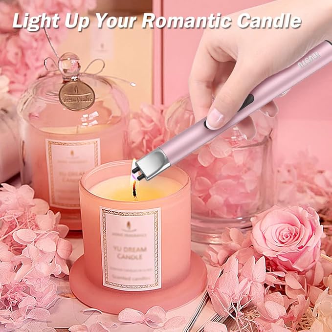 Candle Lighter, Electric Lighter Rechargeable USB Lighter, Arc Windproof Flameless Plasma Lighter Long Stick, No Butane Fluid, Perfect for Candle BBQ Camping Kitchen Stove, Pink and White