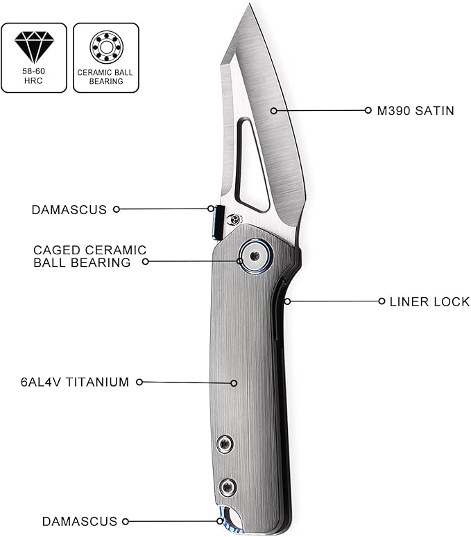 Knife Denka C02 Thumb Stud Knife,2.6" M390 Steel Satin Pocket Knife,3.35" Titanium Handle Folding Knife with Leather Sheath(grey & Leather Sheath)
