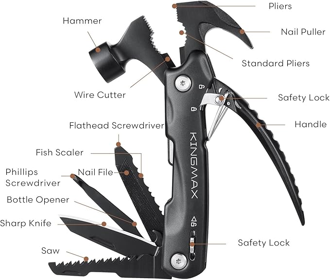 Claw Hammer,Birthday Gifts for Men Dad Husband Grandpa,Multitool Camping Accessories,12 in 1 Hammer Outdoor Survival Tools Gifts for Him