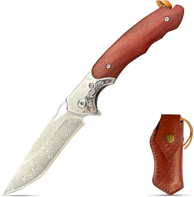 Damascus Pocket Knife with Clipand Leather Sheath, Folding Knife with VG10 Damascus Steel Blade,Wooden Handle, Foldable EDC Knife for Outdoor Survival