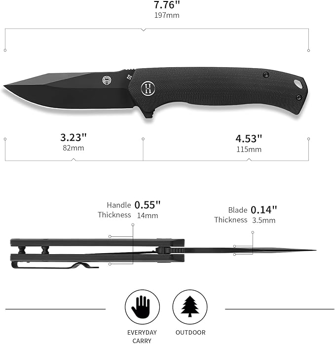 Holtzman's Gorilla Survival Folding Knife D2 Steel Blade G10 Handle Pocket Knife EDC Giftset for Men and Women (black blade + black handle)